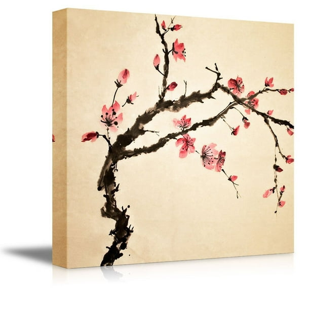 Mon Art Flower Blossom Canvas Print Wall Art for Living Room Spring Pink Cherry Sakura Flowers Painting Floral Pictures Framed Artwork Golden Leaves in Blue Background Romantic Decoration Home Decor 